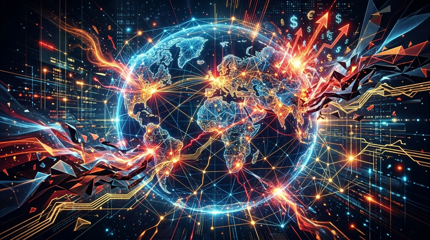 Abstract digital network pulses representing global economic drivers.