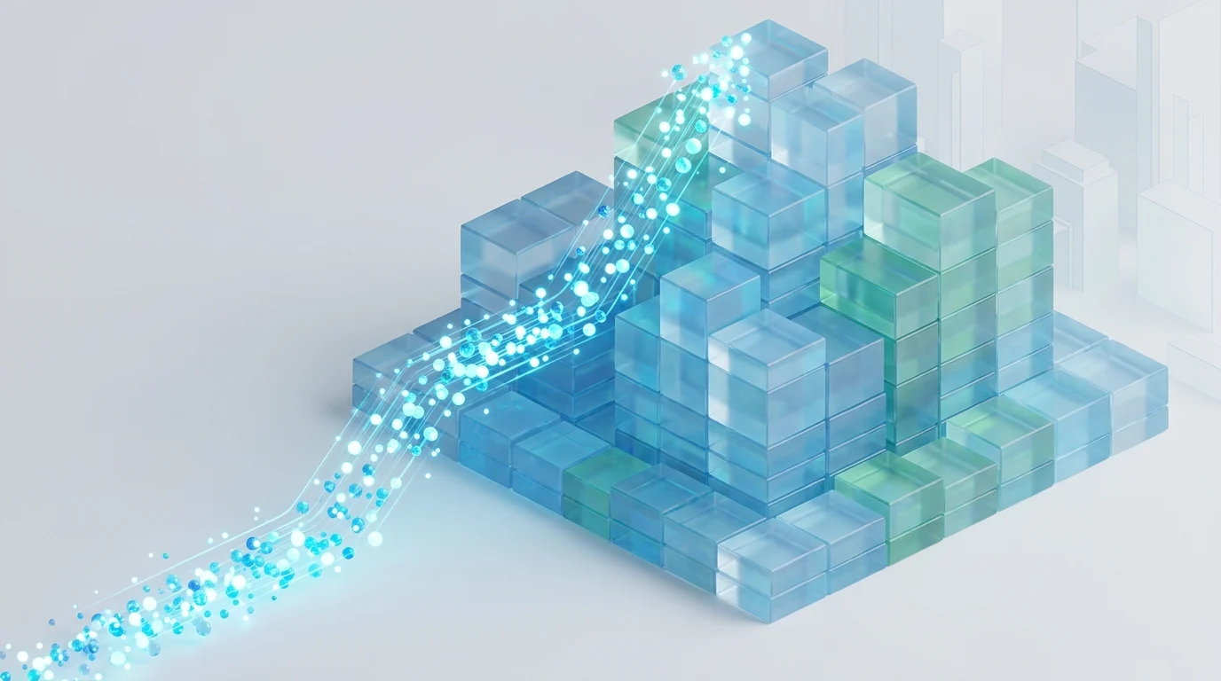 Conceptual 3D chart showing growth and capital allocation through translucent structures.