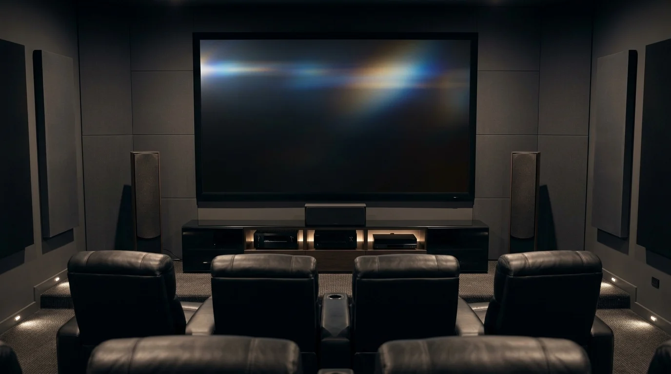 A modern home entertainment room with a cinematic glow.