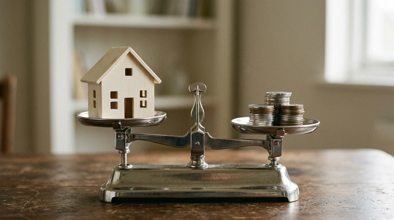 A scale weighing a house and money symbolizing the debate between property rights and housing access.