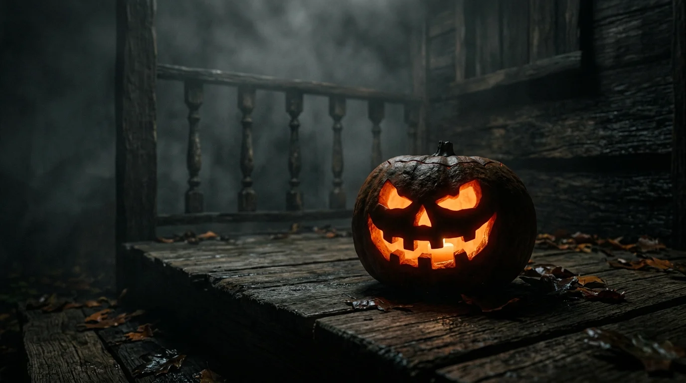 A glowing carved pumpkin in a misty, dark outdoor setting representing seasonal horror content.