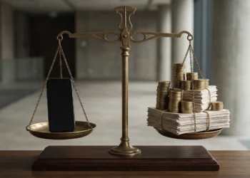 Conceptual scales of justice comparing a smartphone to stacks of money and documents.