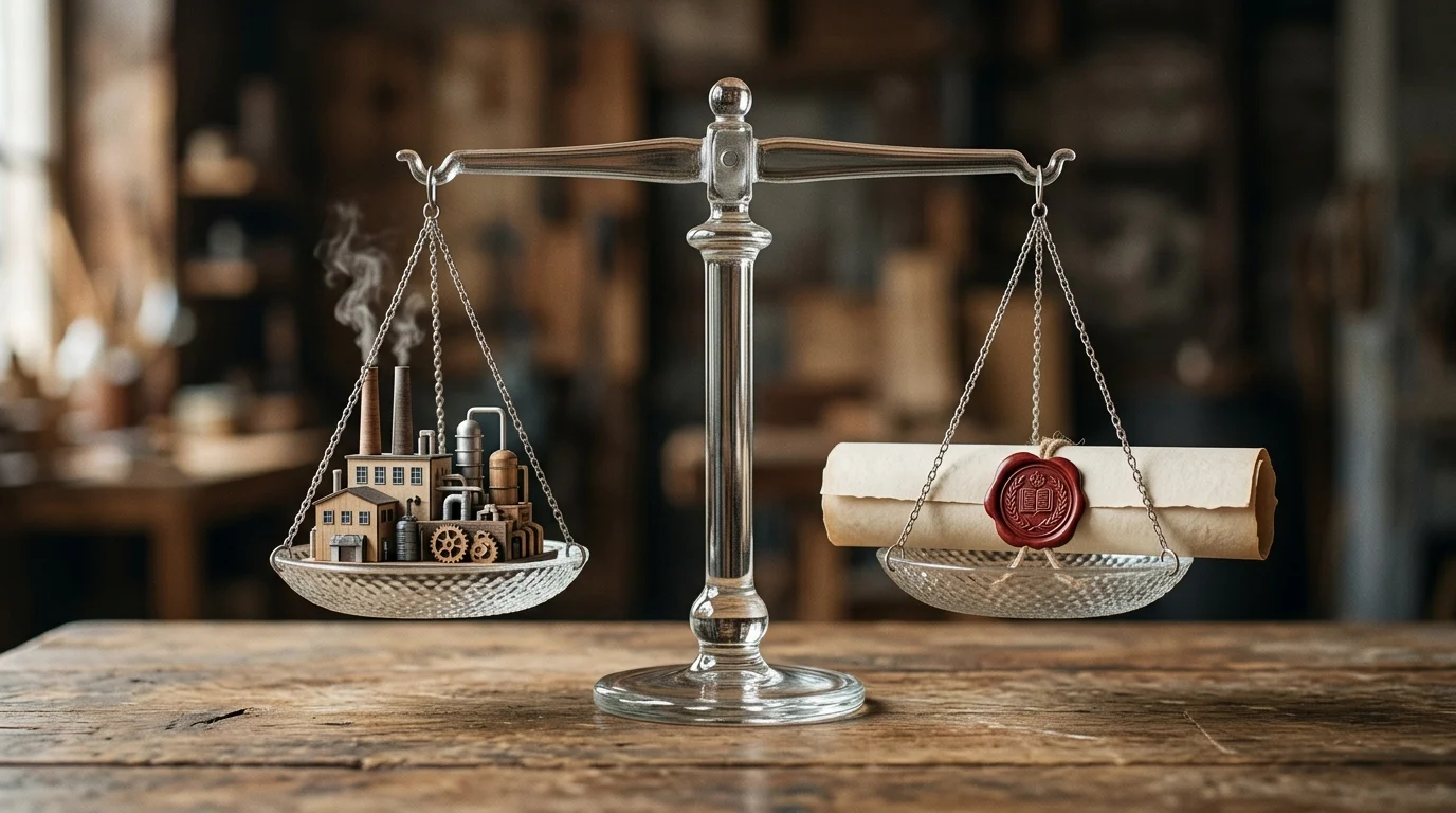 A glass scale balancing a miniature factory and a formal document.