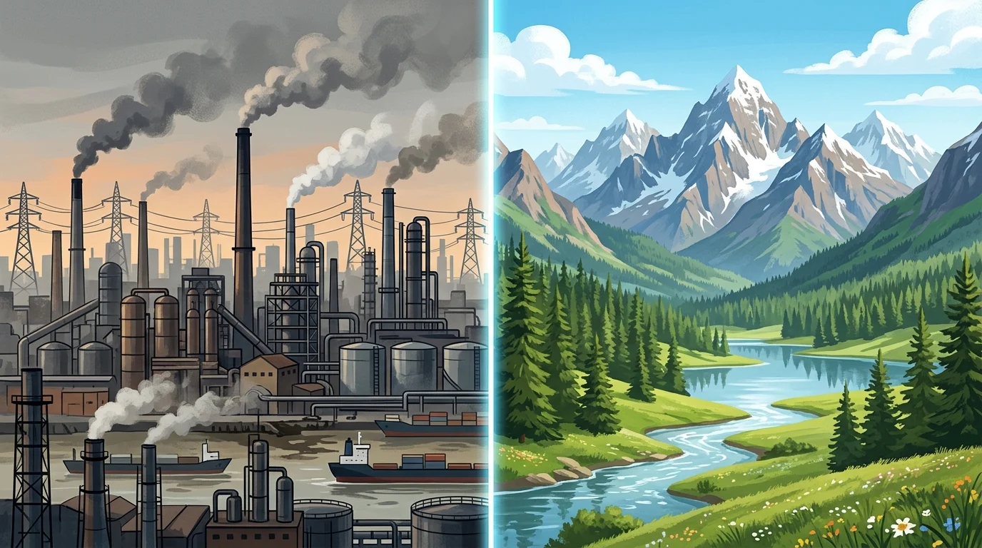 Conceptual split-screen graphic of industry versus nature.