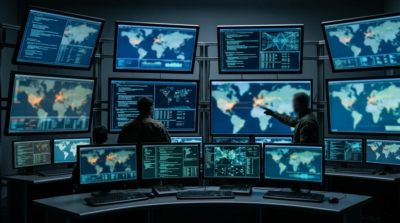 Conceptual image of surveillance monitors and tactical data screens.