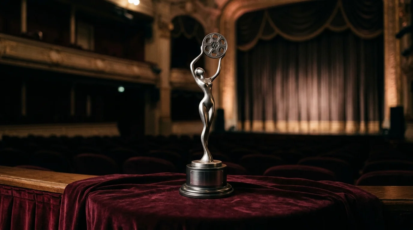 Conceptual image of a silver film award in a theater