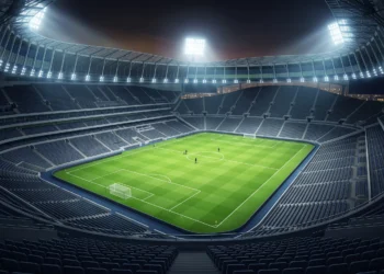 A professional soccer stadium lit up at night for an international match.