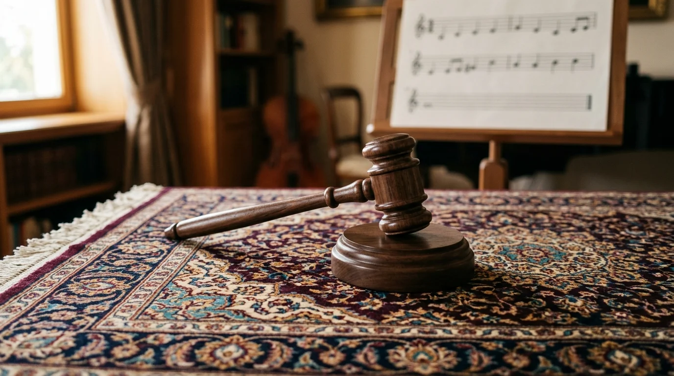 A gavel resting on a traditional rug symbolizing the intersection of law and culture.