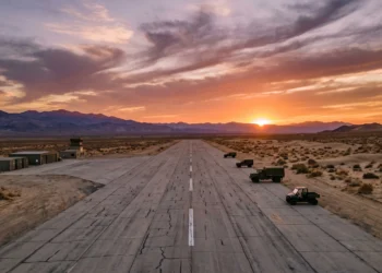 A conceptual view of an empty desert airstrip at sunset.