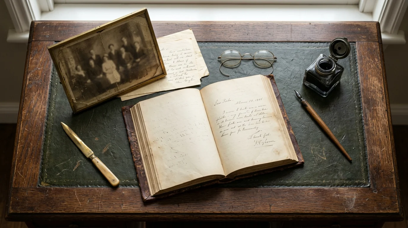 A vintage desk with an old book and faded photograph representing family history.