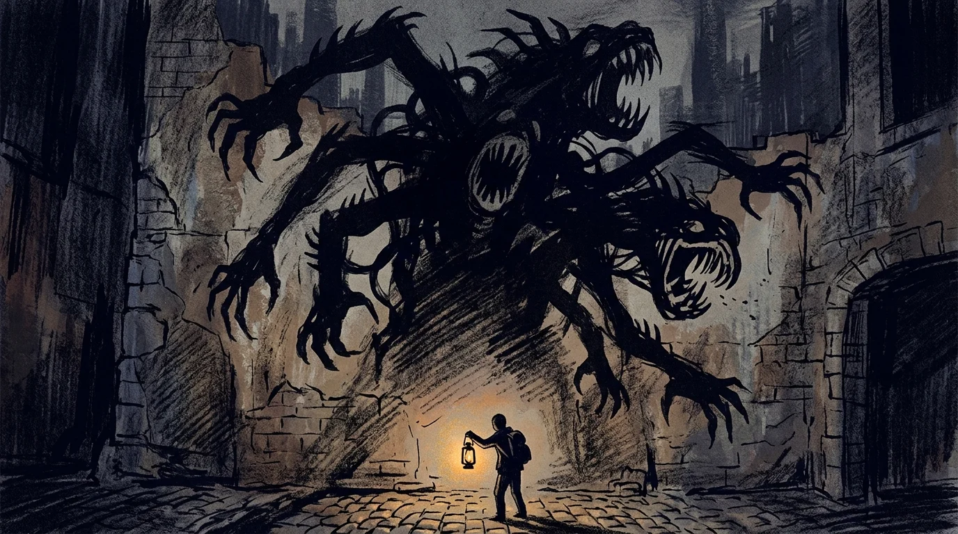 An abstract shadow of a large monster confronting a small light source.