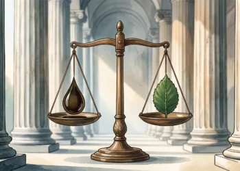 Conceptual illustration of the scales of justice balancing environmental and energy interests.