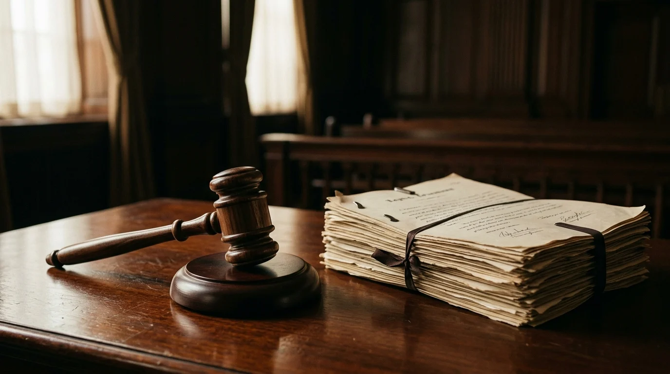 A legal gavel and documents on a desk.