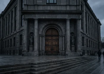 A conceptual image of a heavy stone building facade with closed doors.
