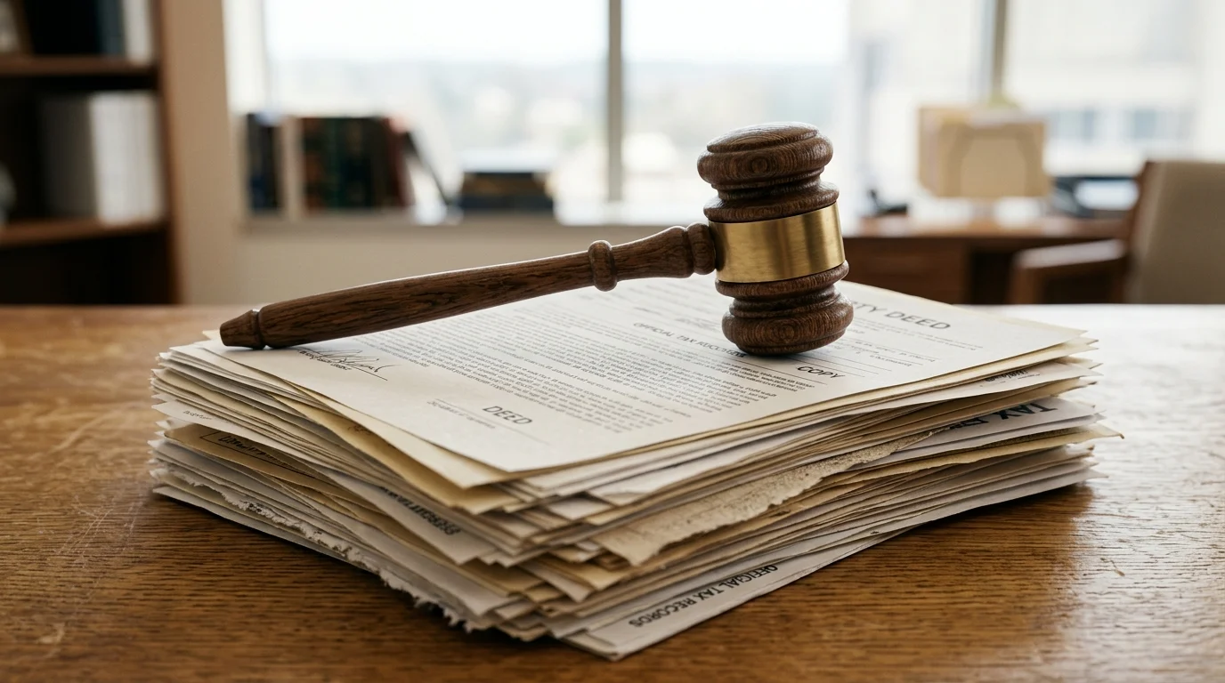 A gavel resting on property tax documents.