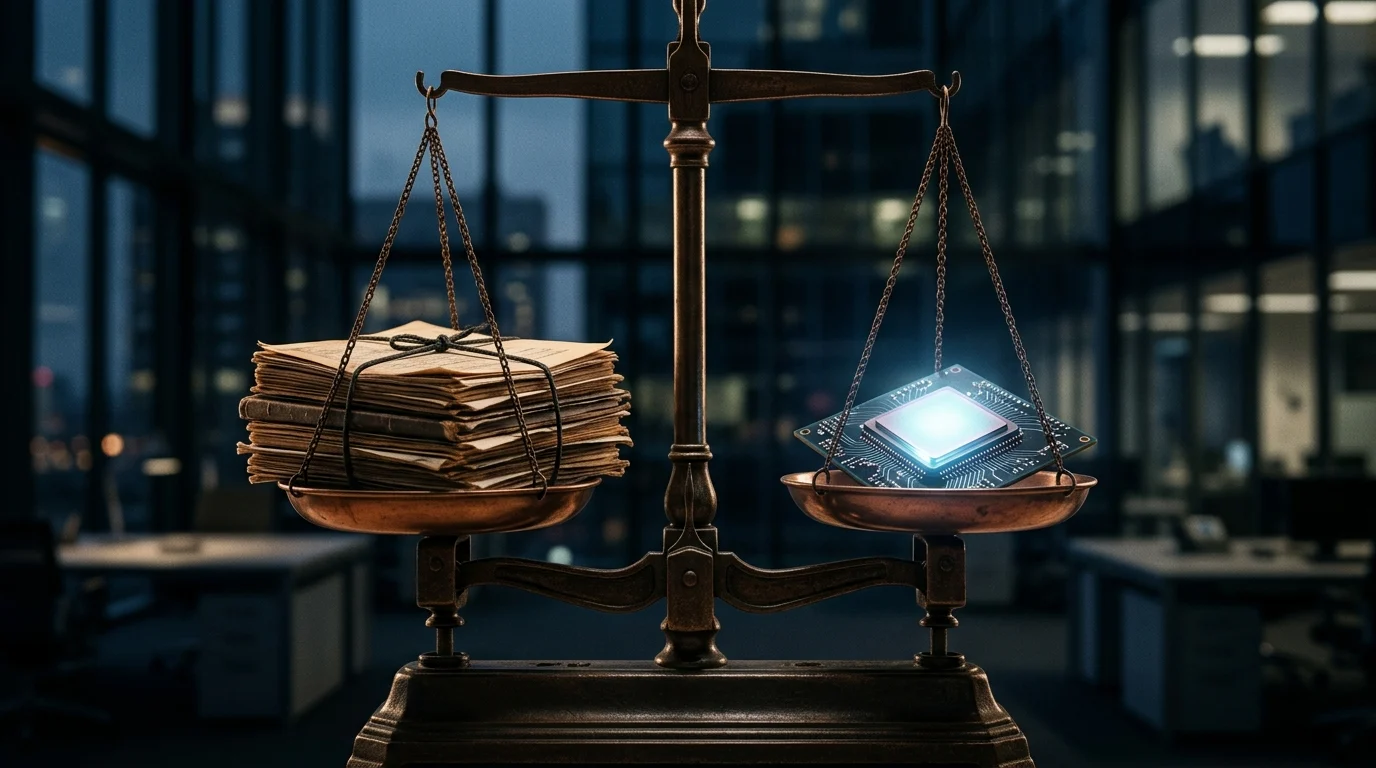 A scale of justice balancing legal papers and a computer chip.