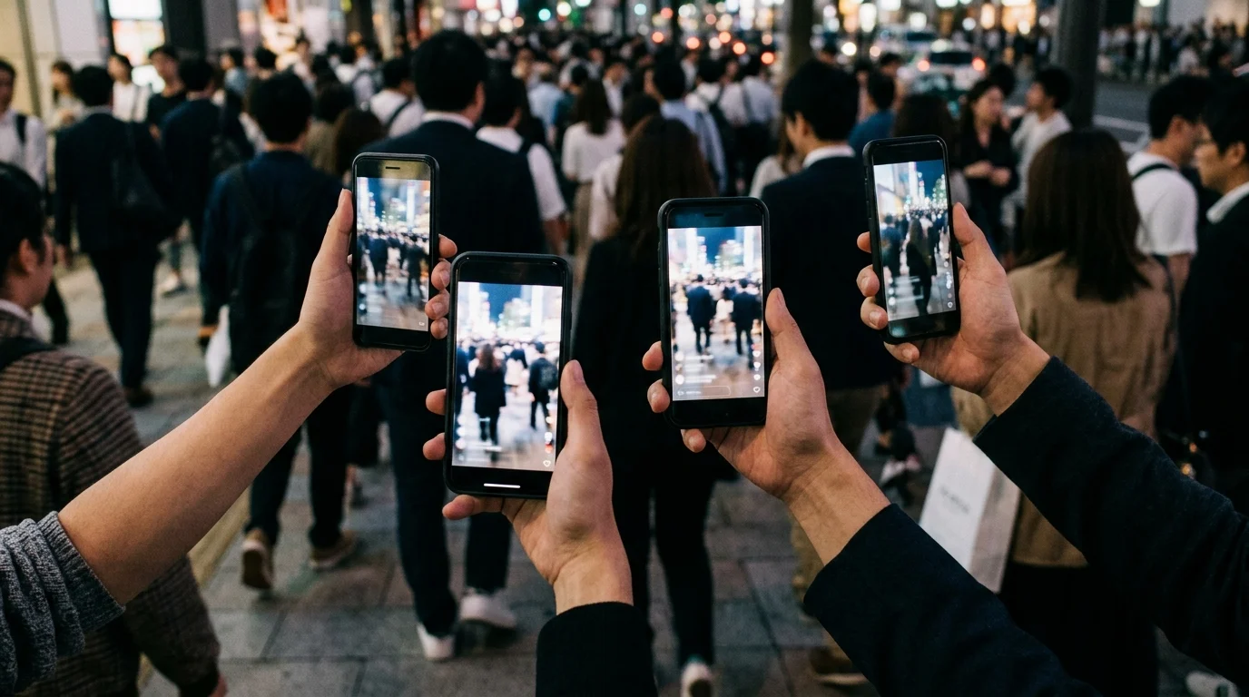 Multiple glowing smartphone screens in a dark environment showing video recording interfaces.