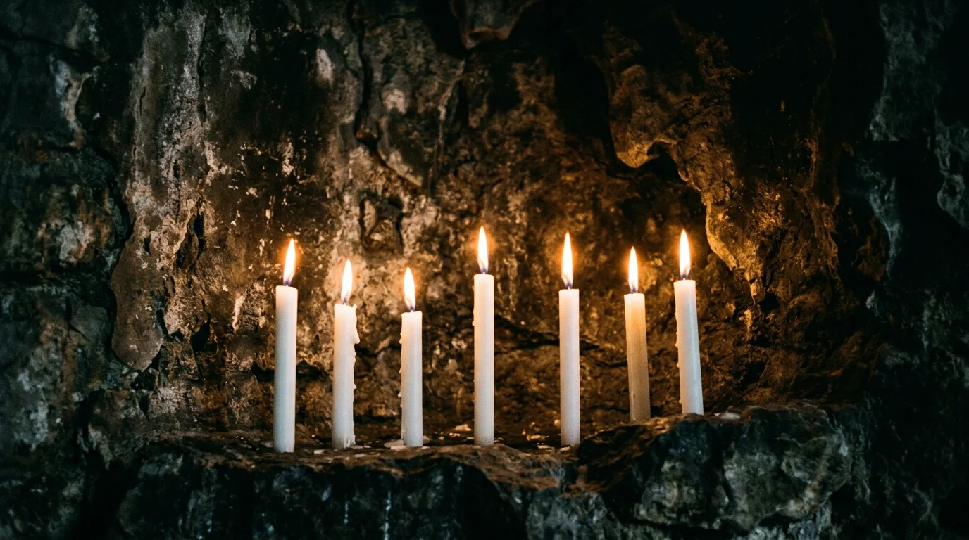 Seven lit candles in a dark stone grotto.
