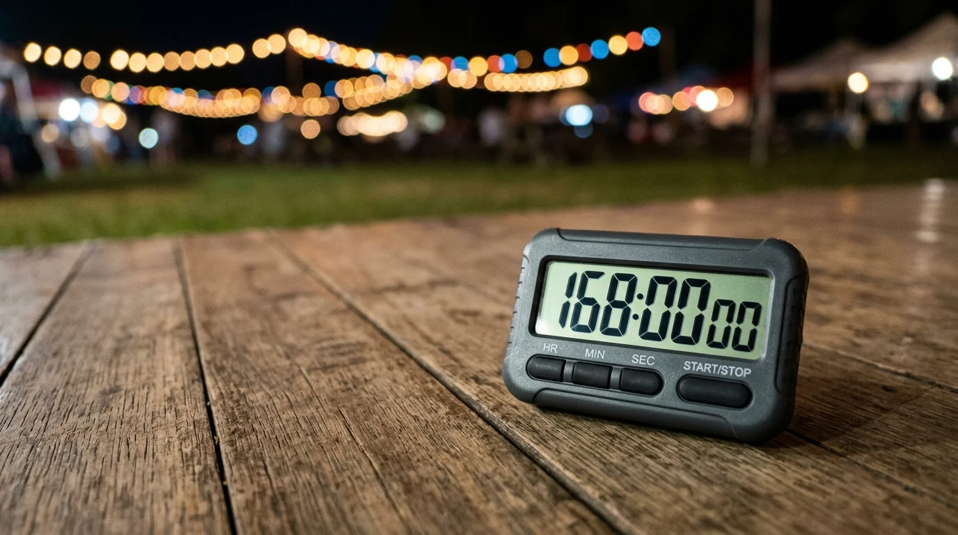 A conceptual image of a timer at 168 hours on a dance floor.