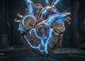 A conceptual 3D render of a glowing mechanical heart with magical energy circuits.