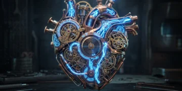 A conceptual 3D render of a glowing mechanical heart with magical energy circuits.