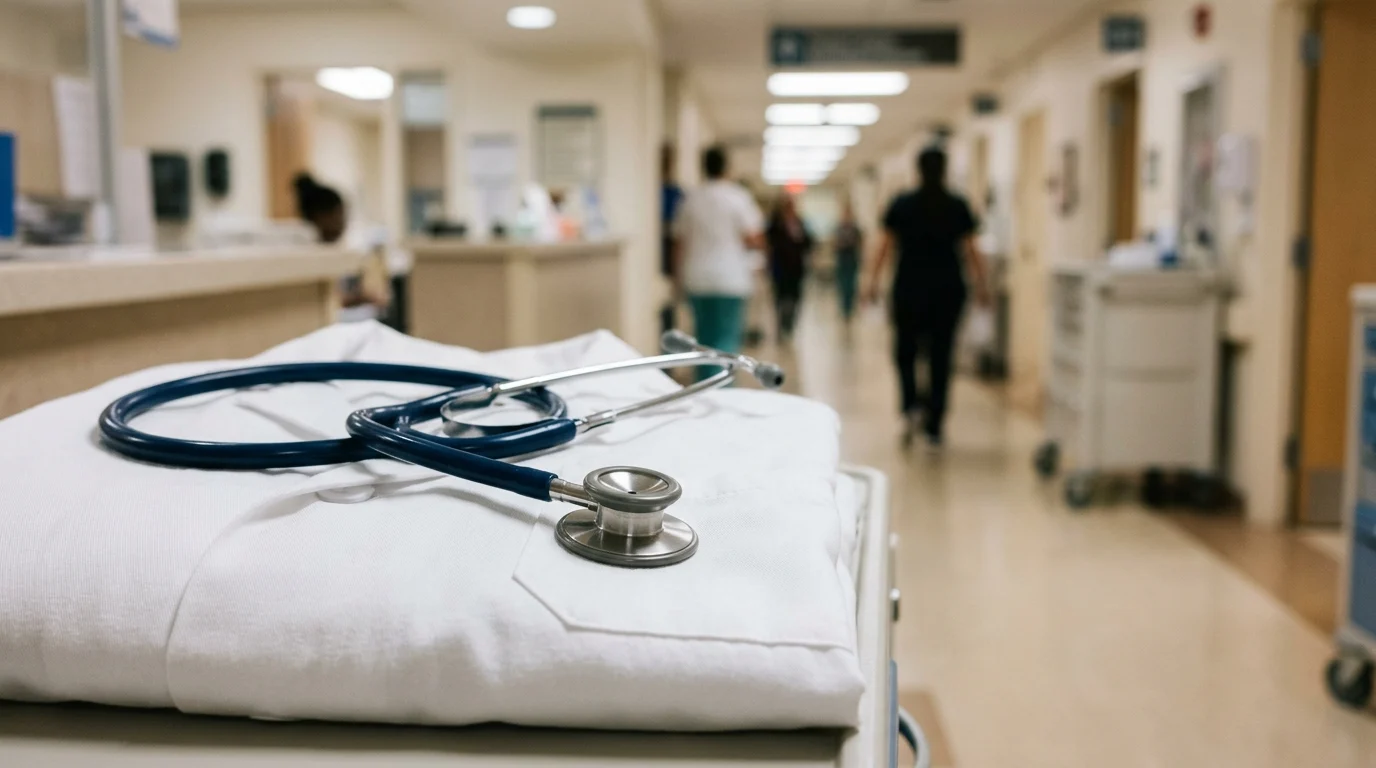 A stethoscope on a medical coat in a hospital hallway.
