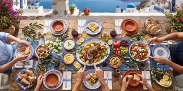 A conceptual depiction of a festive Mediterranean table setting with blue and white decor.