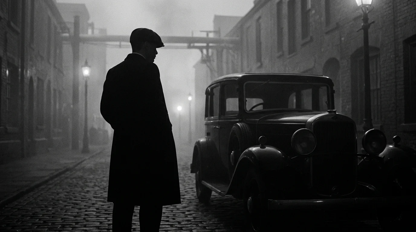 A cinematic silhouette of a man in a tailored coat in a foggy urban setting.