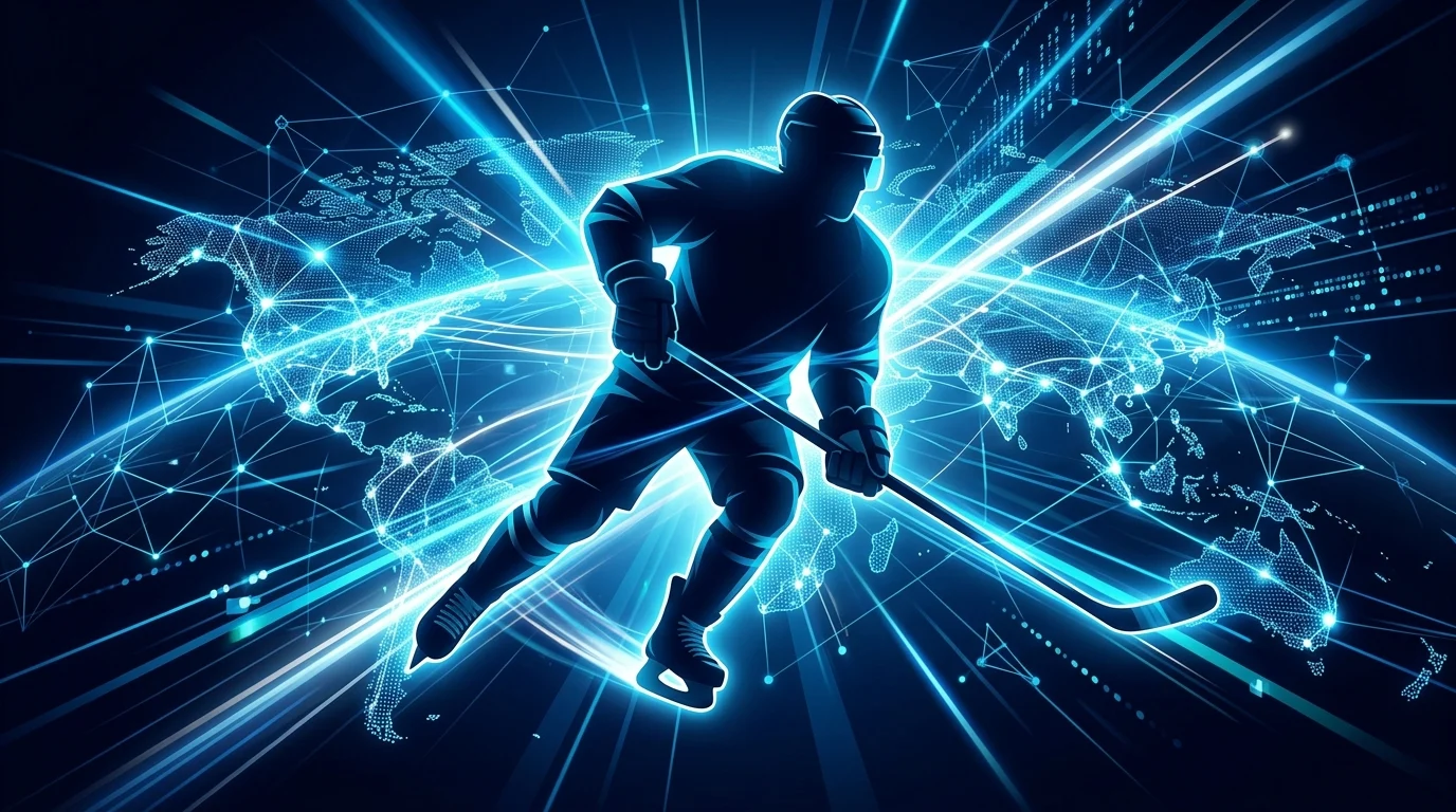 Silhouette of a hockey player in a digital light field.