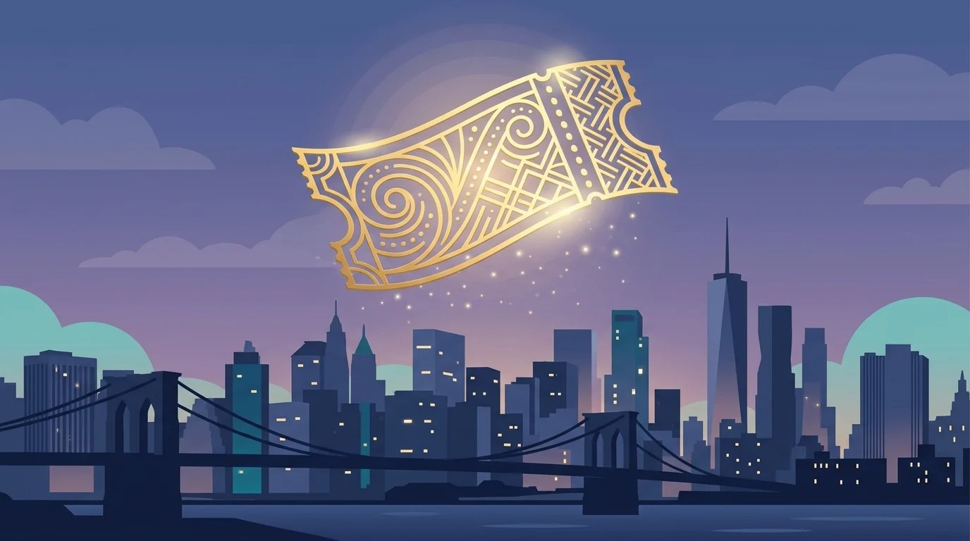 Conceptual illustration of a lottery ticket over a city skyline.