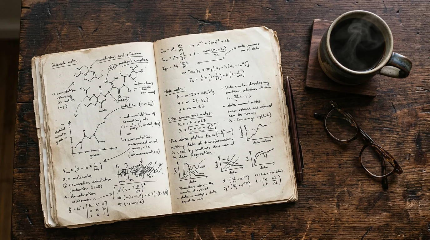 A scientist's desk with a journal and coffee representing the character Olive Smith.