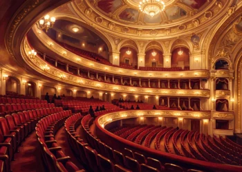 Conceptual view of a grand opera house theater with empty velvet seating.