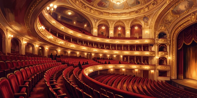 Conceptual view of a grand opera house theater with empty velvet seating.
