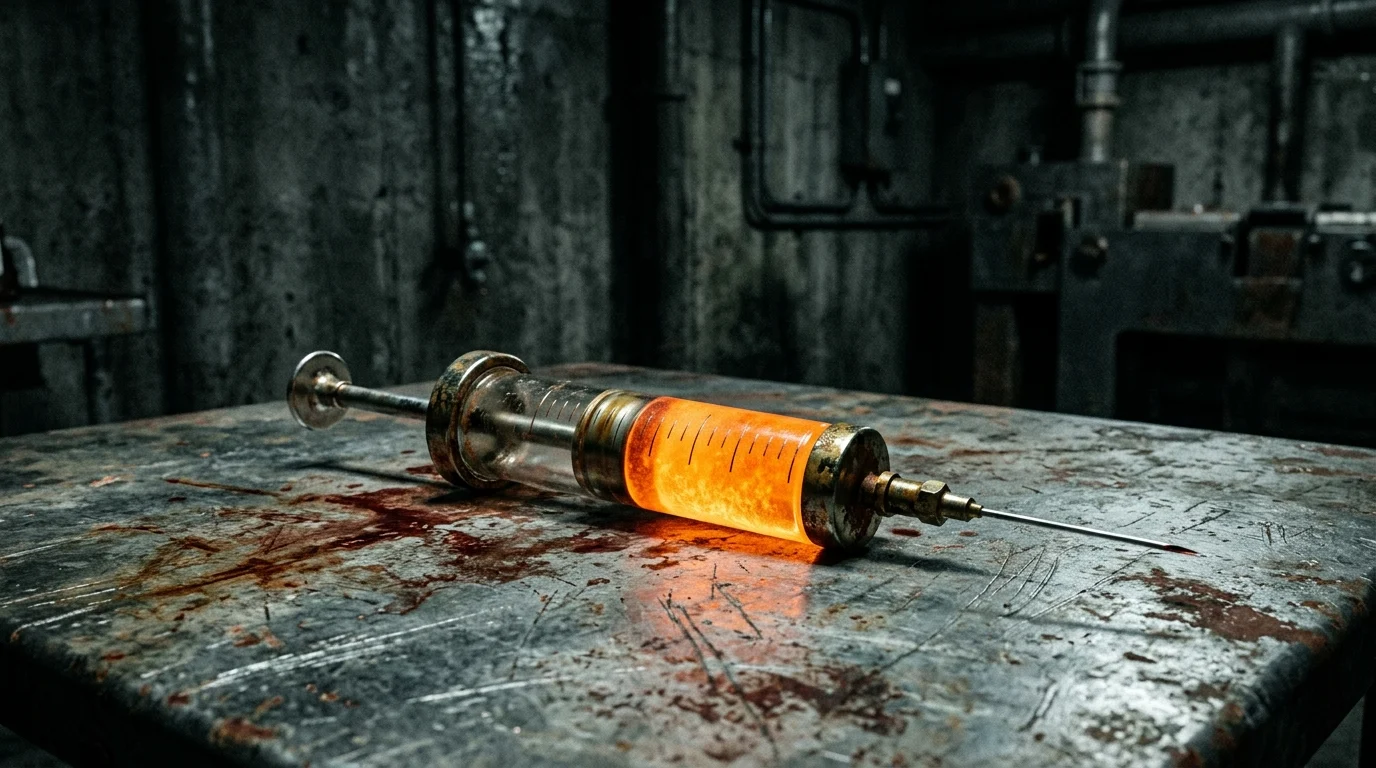 A glowing orange syringe on a metal table in a dark laboratory setting.