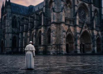 Conceptual image of a papal figure in white standing before a stone cathedral.