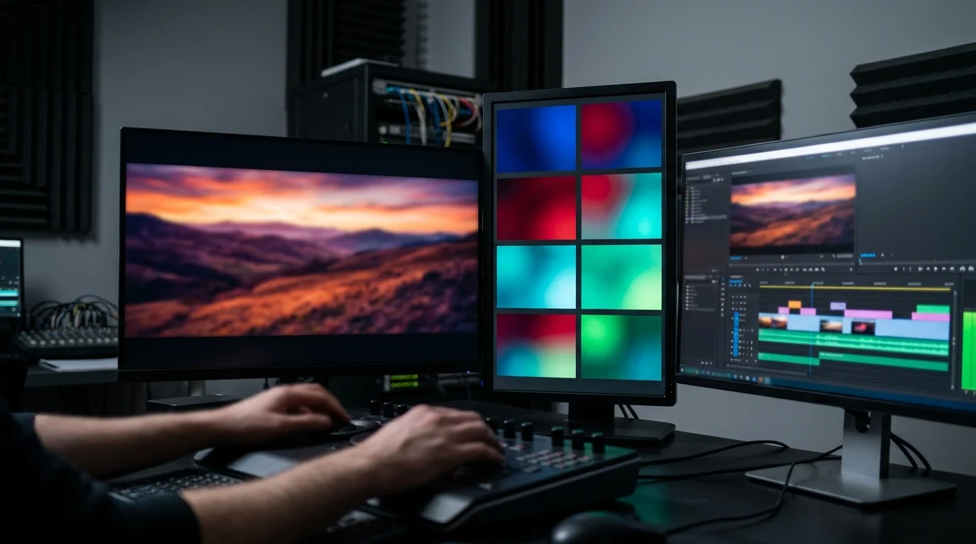 High-end monitors displaying cinematic production colors in a professional studio.