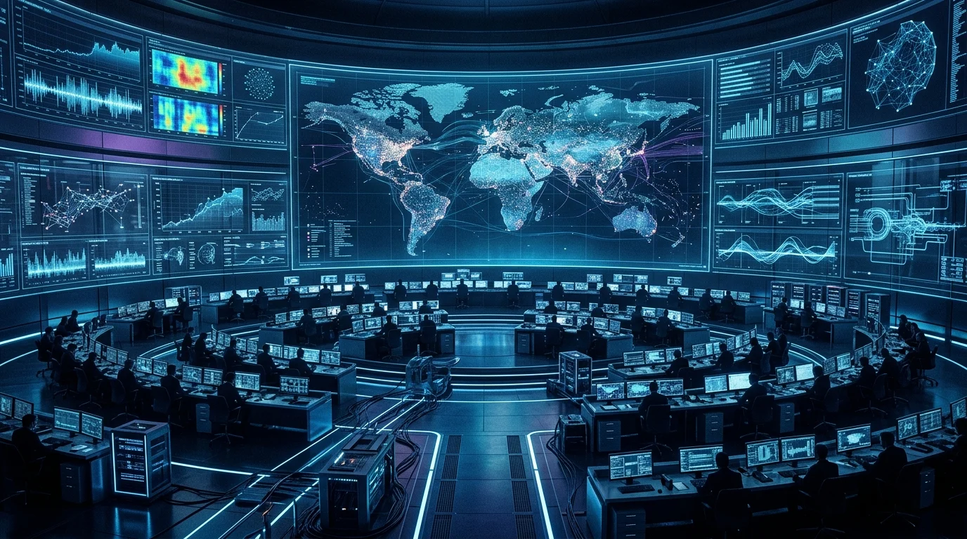 Conceptual sci-fi command center with anonymous silhouettes maps