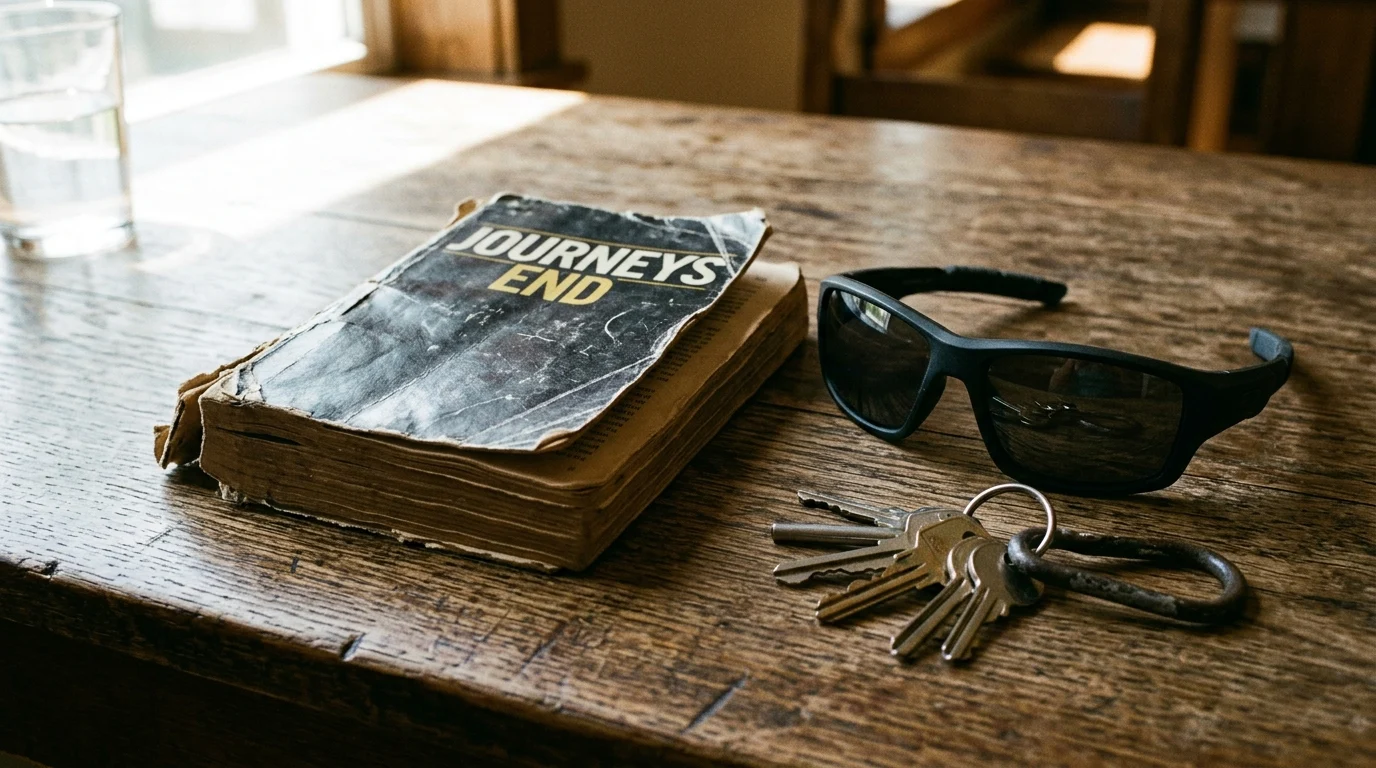 Conceptual image of a book and travel gear on a table.