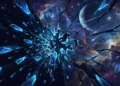 An abstract visualization of a shattered reality with blue glowing energy.