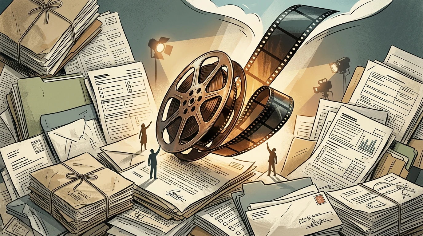 Conceptual art of a film reel and legal papers.