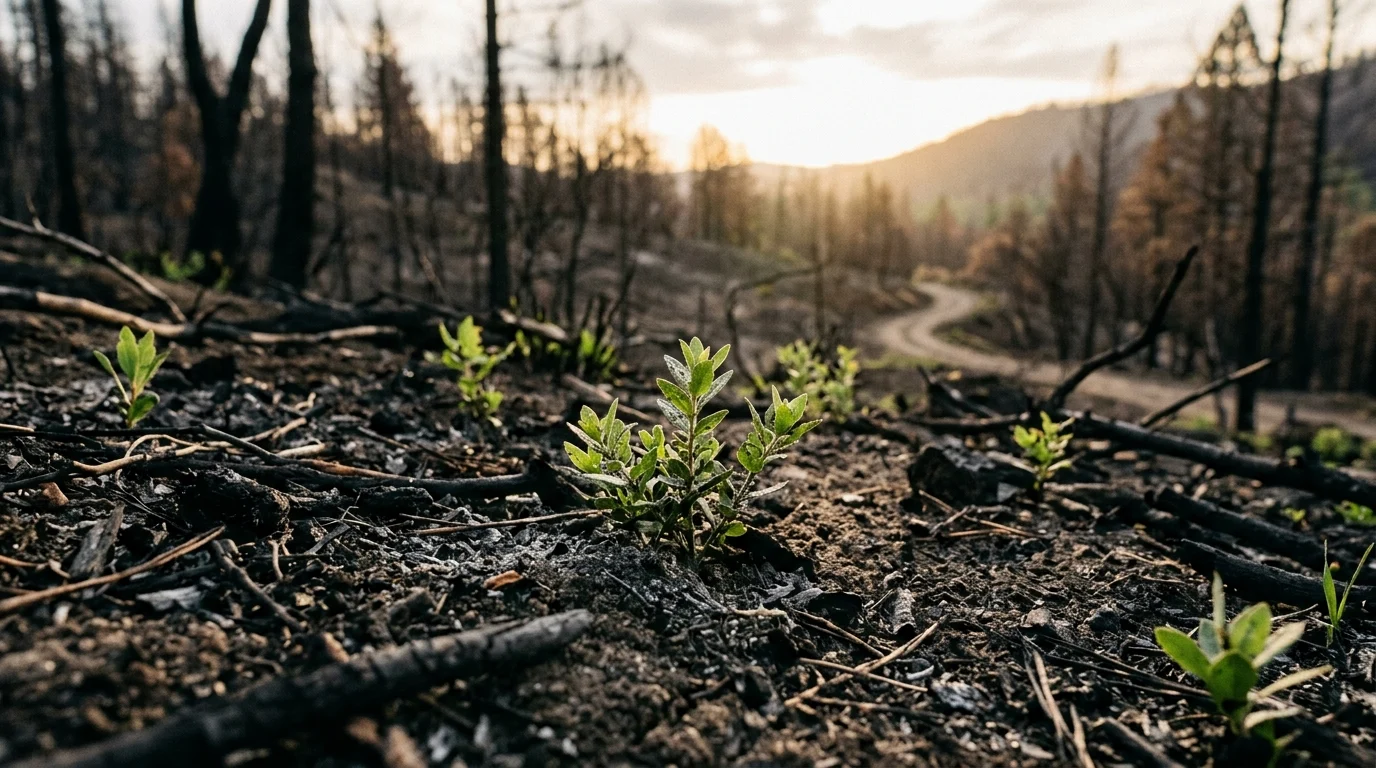 Small green saplings growing out of burnt soil representing resilience after a wildfire.