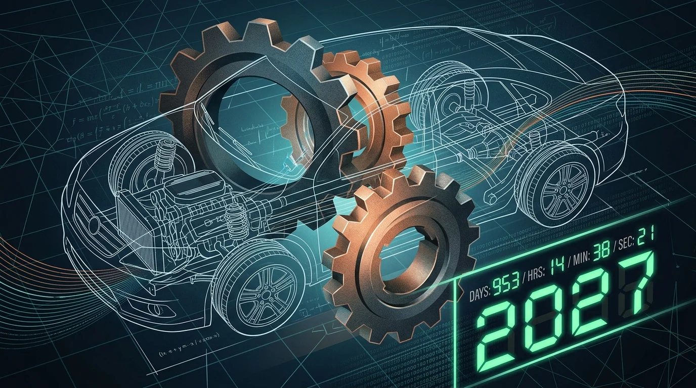 Abstract industrial gears and car blueprint with a 2027 date indicator.