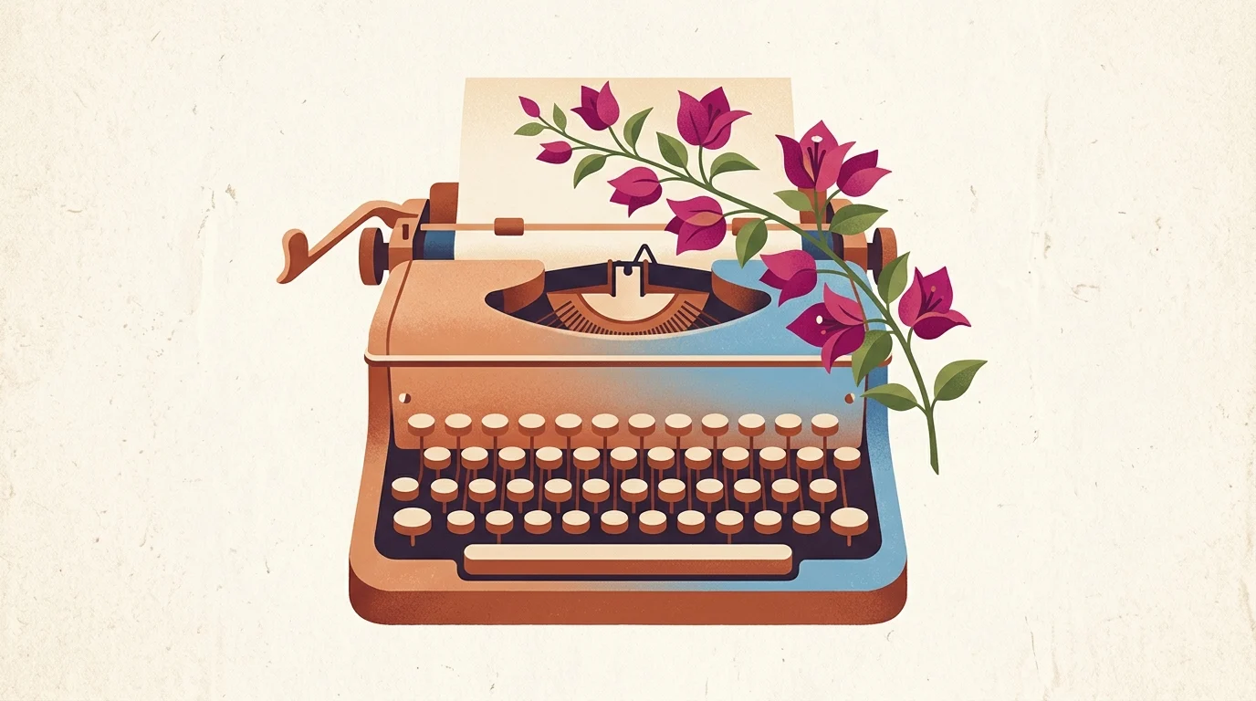 A conceptual illustration of a typewriter and flowers.