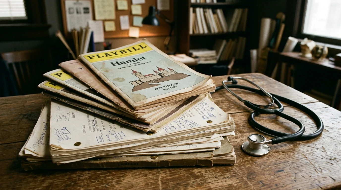 Vintage playbills and a stethoscope on a table.