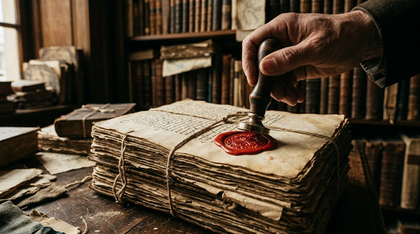 A wax seal on a stack of handwritten manuscripts.