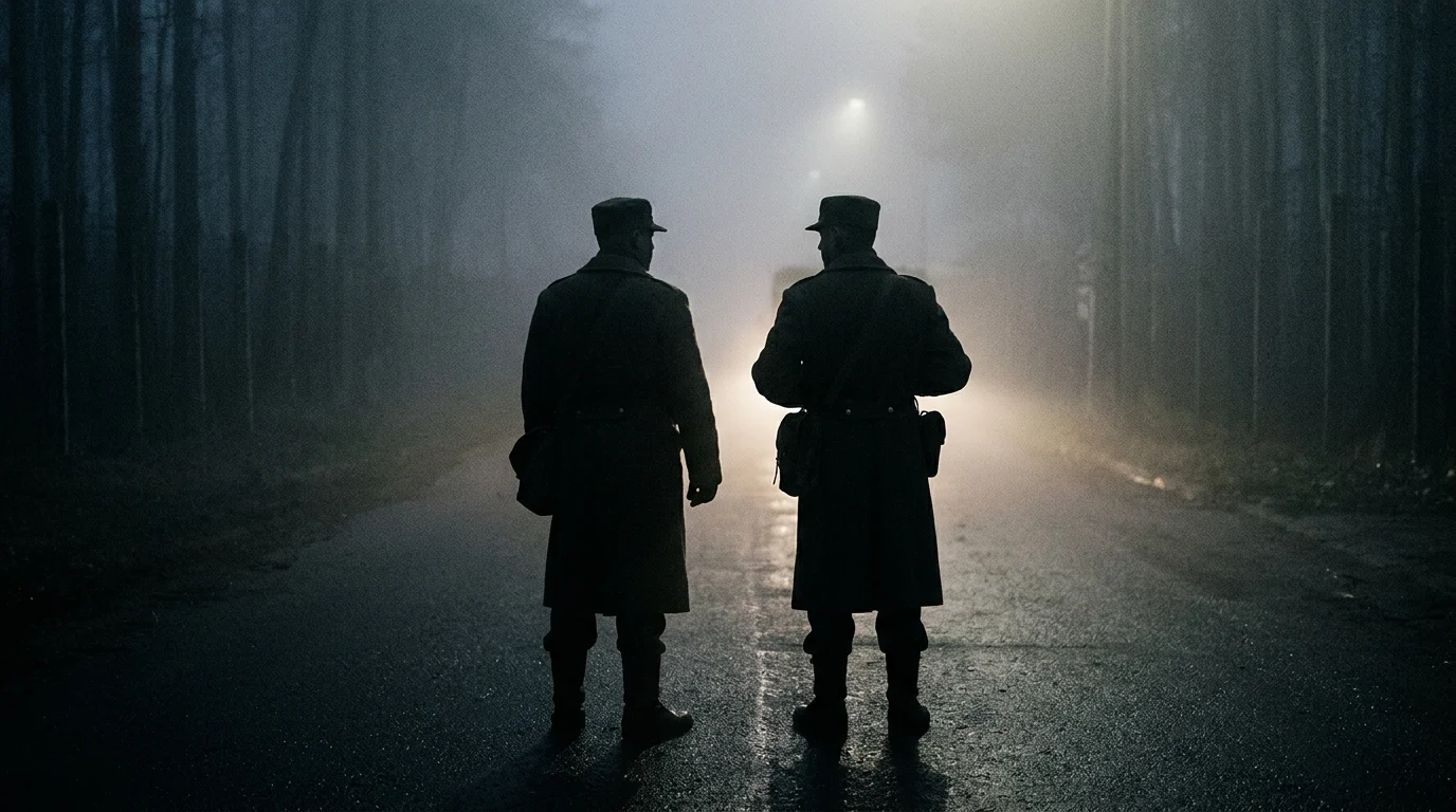 Abstract silhouettes of soldiers in a dark environment representing secret military transfers.