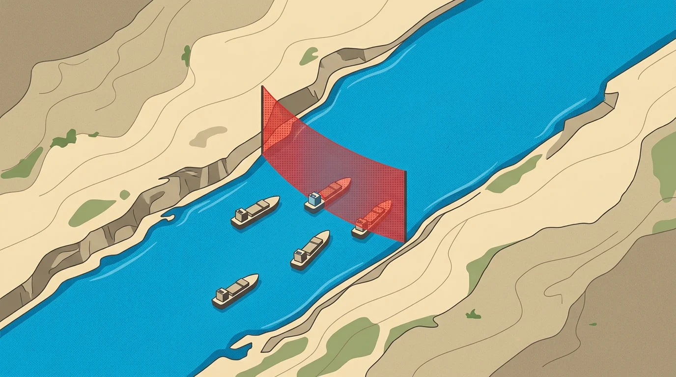 Conceptual graphic of maritime shipping bottleneck in a narrow strait.