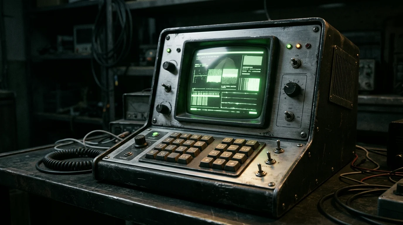 A technical computer terminal with a keypad in a dark control room.