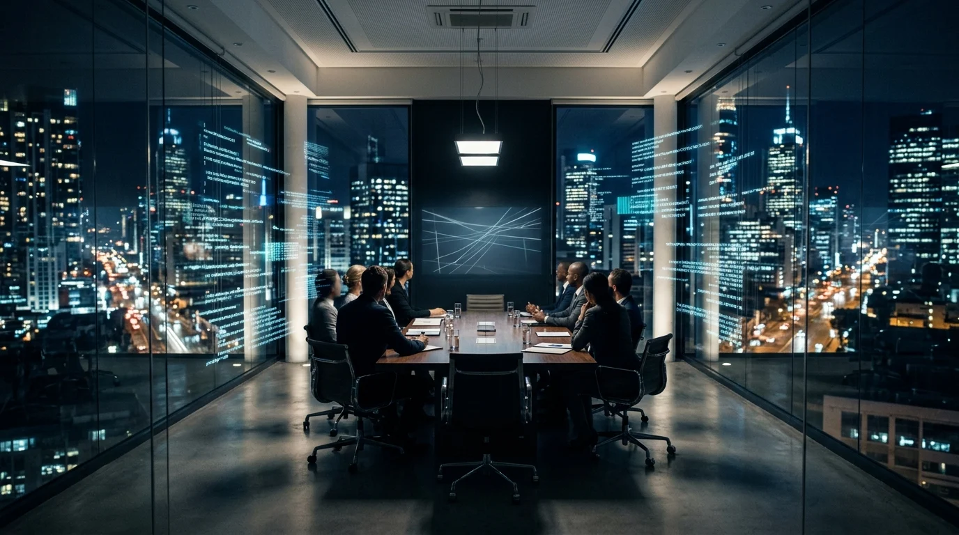 A futuristic glass boardroom overlooking a city with digital overlays.