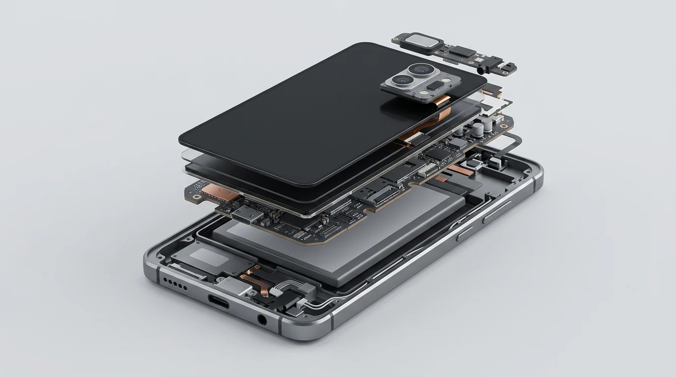 Technical schematic of a smartphone internal layout.